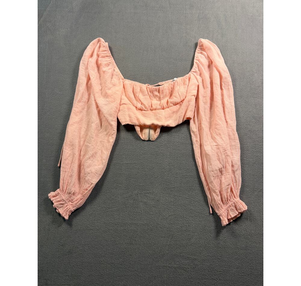 Princess Polly Blush Pink Textured Sweetheart Long Bishop Sleeve Crop Top Size 4